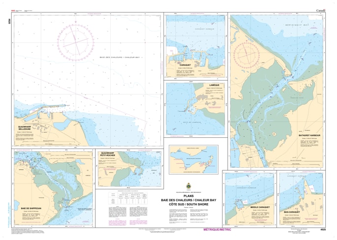 Official Canadian Hydrographic Service nautical chart 4920 of the Chaleur Bay South Shore, showcasing marine depth soundings and navigation channels along northern New Brunswick. Official Canadian Hydrographic Service nautical chart 4920 of the Chaleur Bay South Shore, showcasing marine depth soundings and navigation channels along northern New Brunswick.