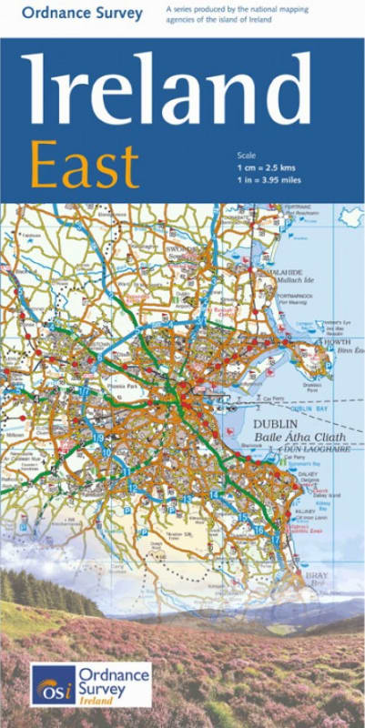 Ireland East Travel & Road Map by the Ordinance Survey. This is a one map from a series of four to cover Ireland. Whether you are on a motoring tour or exploring cross-country, these maps show you how to get there. They contain a clear presentation of the