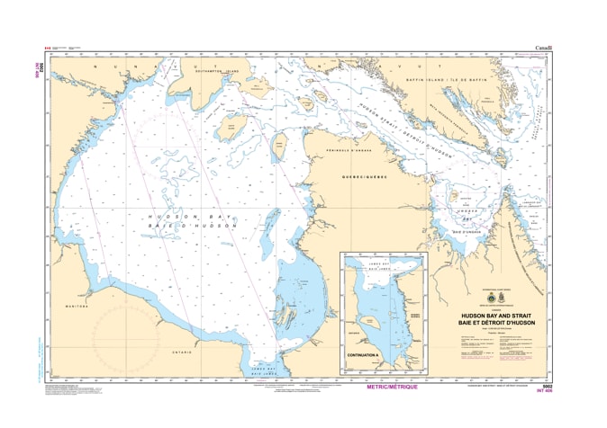 Official Canadian Hydrographic Service nautical chart 5002 of Hudson Strait and Hudson Bay, detailing subarctic ocean bathymetry, depth soundings, and northern shipping routes. Official Canadian Hydrographic Service nautical chart 5002 of Hudson Strait and Hudson Bay, detailing subarctic ocean bathymetry, depth soundings, and northern shipping routes.