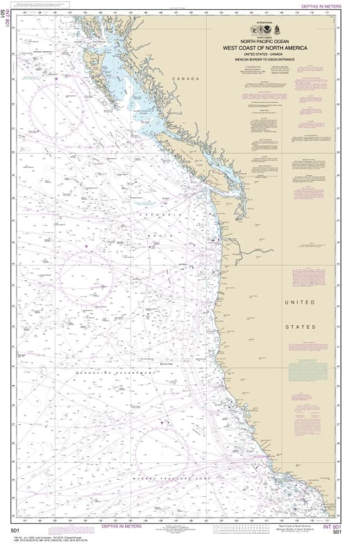 NOAA Chart 501. Nautical Chart of the North Pacific Ocean - West Coast of North America - Mexican Border to Dixon. NOAA charts portray water depths, coastlines, dangers, aids to navigation, landmarks, bottom characteristics and other features, as well as