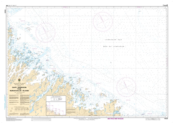Official Canadian Hydrographic Service nautical chart 5023 of Cape Harrison to Nunaksaluk Island, detailing marine depth soundings and coastal navigation channels along the Labrador coast.