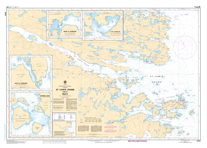 Official Canadian Hydrographic Service nautical chart 5031 of St. Lewis Sound and Inlet, detailing marine depth soundings and coastal navigation channels in southeastern Labrador. Official Canadian Hydrographic Service nautical chart 5031 of St. Lewis Sound and Inlet, detailing marine depth soundings and coastal navigation channels in southeastern Labrador.