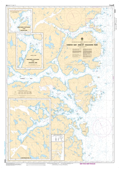 Official Canadian Hydrographic Service nautical chart 5033 of Hawke Bay and Squasho Run, detailing marine depth soundings and tight coastal navigation channels in Labrador. Official Canadian Hydrographic Service nautical chart 5033 of Hawke Bay and Squasho Run, detailing marine depth soundings and tight coastal navigation channels in Labrador.