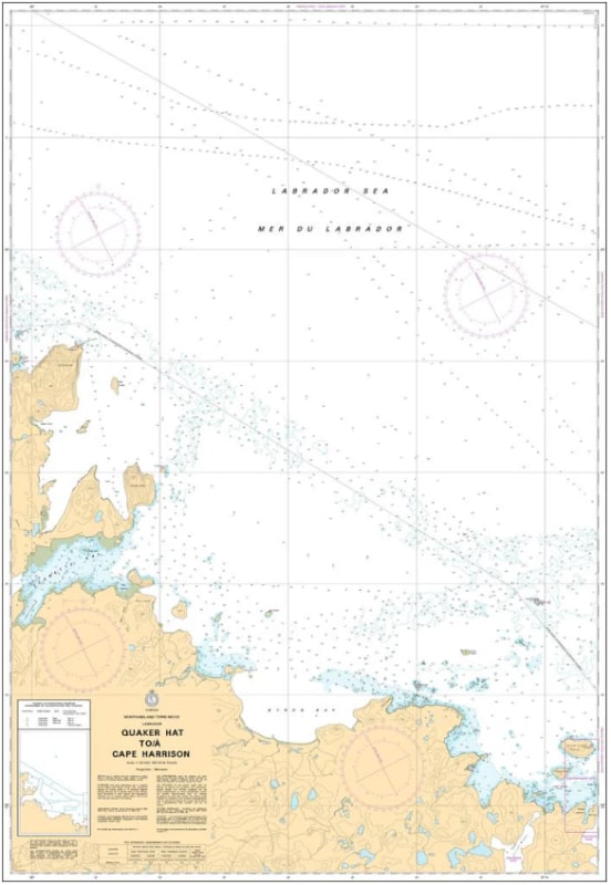 Official Canadian Hydrographic Service nautical chart 5043 of Quaker Hat to Cape Harrison, detailing marine depth soundings and coastal navigation channels along the Labrador coast. Official Canadian Hydrographic Service nautical chart 5043 of Quaker Hat to Cape Harrison, detailing marine depth soundings and coastal navigation channels along the Labrador coast.