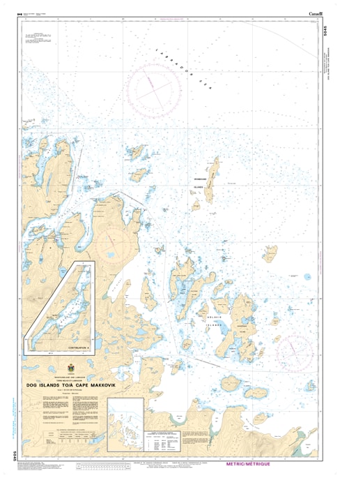 Official Canadian Hydrographic Service nautical chart 5045 of Dog Islands to Cape Makkovik, detailing marine depth soundings and coastal navigation channels along the Labrador coast. Official Canadian Hydrographic Service nautical chart 5045 of Dog Islands to Cape Makkovik, detailing marine depth soundings and coastal navigation channels along the Labrador coast.