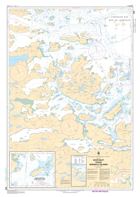 Official Canadian Hydrographic Service nautical chart 5049 of Davis Inlet to Seniarlit Islands, detailing marine depth soundings, coastal channels, and the Zoar local inset.