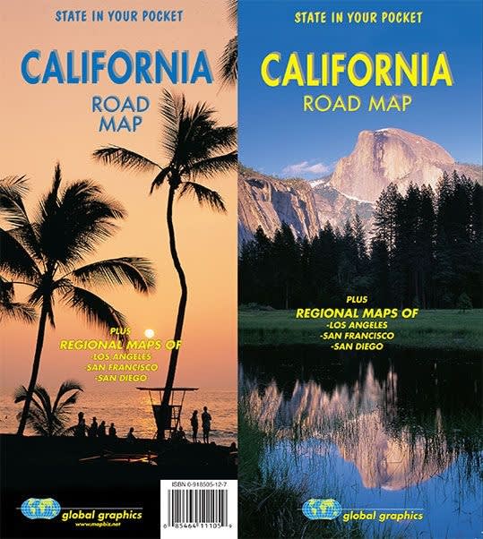 Folded California road map featuring state highway routes, mountain elevations, national parks, and regional city maps for Los Angeles, San Francisco, and San Diego. Folded California road map featuring state highway routes, mountain elevations, national parks, and regional city maps for Los Angeles, San Francisco, and San Diego.