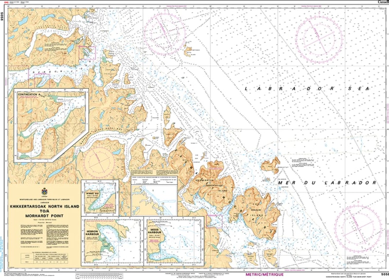 Official Canadian Hydrographic Service nautical chart 5056 of Khikkertarsoak North Island to Morhardt Point, detailing marine depth soundings and coastal channels at 1 to 100,000 scale. Official Canadian Hydrographic Service nautical chart 5056 of Khikkertarsoak North Island to Morhardt Point, detailing marine depth soundings and coastal channels at 1 to 100,000 scale.