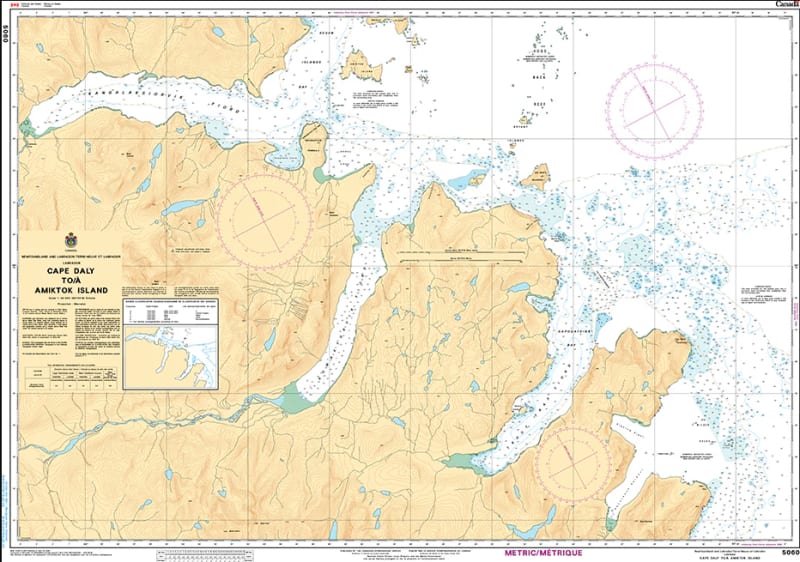 Official Canadian Hydrographic Service nautical chart 5060 of Cape Daly to Amiktok Island, detailing marine depth soundings and coastal channels at 1 to 40,000 scale. Official Canadian Hydrographic Service nautical chart 5060 of Cape Daly to Amiktok Island, detailing marine depth soundings and coastal channels at 1 to 40,000 scale.