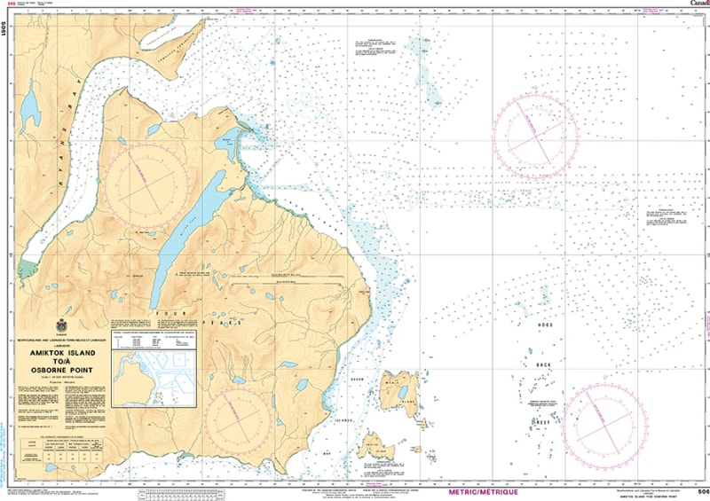 Official nautical chart 5061 depicting depth soundings, island features, and navigation routes from Amiktok Island to Osborne Point, Labrador. Official nautical chart 5061 depicting depth soundings, island features, and navigation routes from Amiktok Island to Osborne Point, Labrador.