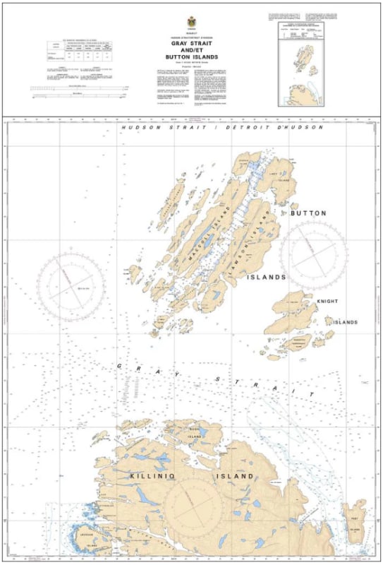 Official Canadian Hydrographic Service nautical chart 5065 of Gray Strait and the Button Islands, detailing marine depth soundings and northern passage channels at 1 to 40,000 scale. Official Canadian Hydrographic Service nautical chart 5065 of Gray Strait and the Button Islands, detailing marine depth soundings and northern passage channels at 1 to 40,000 scale.