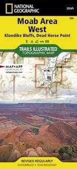Moab West Hiking Trail map. This map provides comprehensive coverage of mountain bike trail systems in the region, specifically focusing on the Klondike Bluffs and Dead Horse Point trails to the west of Moab. The map clearly and accurately shows the locat