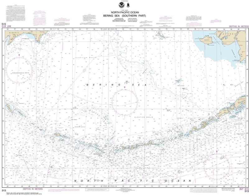 NOAA Chart 513. Nautical Chart of the Bering Sea - Southern Part. This map really shows Alaska's Aleutian Islands in great detail. NOAA charts portray water depths, coastlines, dangers, aids to navigation, landmarks, bottom characteristics and other featu