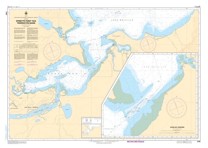 Secure your approach to Happy Valley-Goose Bay with CHS Chart 5165: Epinette Point to Terrington Basin. Features official depth data, tidal info, and hazard markers for the final leg of the Lake Melville route. Secure your approach to Happy Valley-Goose Bay with CHS Chart 5165: Epinette Point to Terrington Basin. Features official depth data, tidal info, and hazard markers for the final leg of the Lake Melville route.