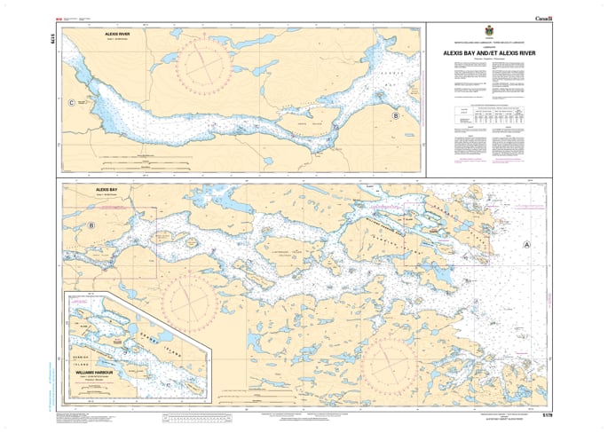 Official Canadian Hydrographic Service nautical chart 5179 of Alexis Bay and Alexis River in Labrador, detailing marine depth soundings and coastal channels at 1:40,000 scale.
