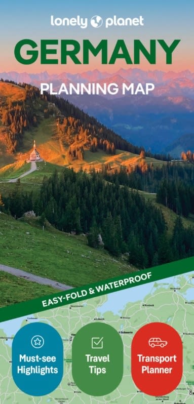 Front cover of Lonely Planet Germany Planning Map displaying waterproof paper design and travel route highlights across Germany. Front cover of Lonely Planet Germany Planning Map displaying waterproof paper design and travel route highlights across Germany.