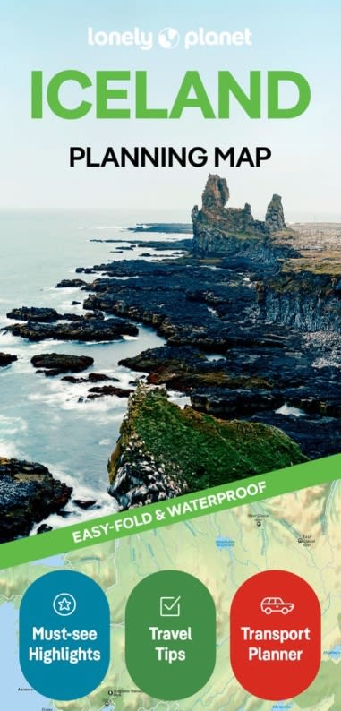 Front cover of Lonely Planet Iceland Planning Map displaying waterproof paper design and travel route highlights across Iceland. Front cover of Lonely Planet Iceland Planning Map displaying waterproof paper design and travel route highlights across Iceland.