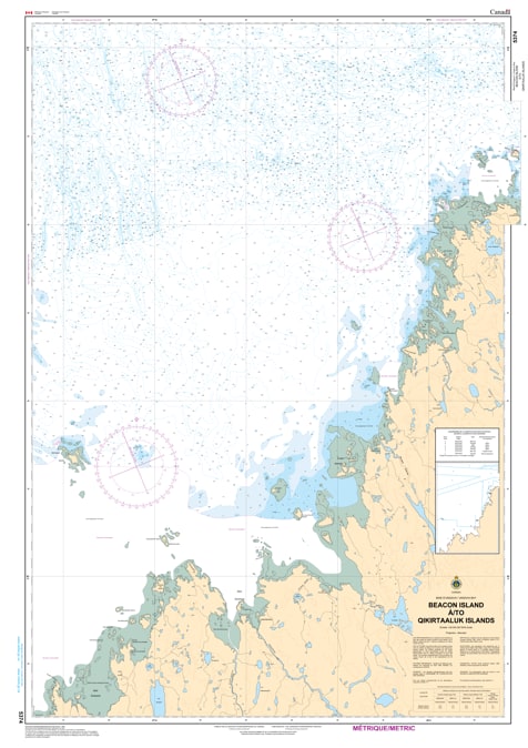 Official Canadian Hydrographic Service nautical chart 5374 from Beacon Island to Qikirtaaluk Islands, detailing eastern Ungava Bay bathymetric depth soundings at 1 to 60,000 scale. Official Canadian Hydrographic Service nautical chart 5374 from Beacon Island to Qikirtaaluk Islands, detailing eastern Ungava Bay bathymetric depth soundings at 1 to 60,000 scale.