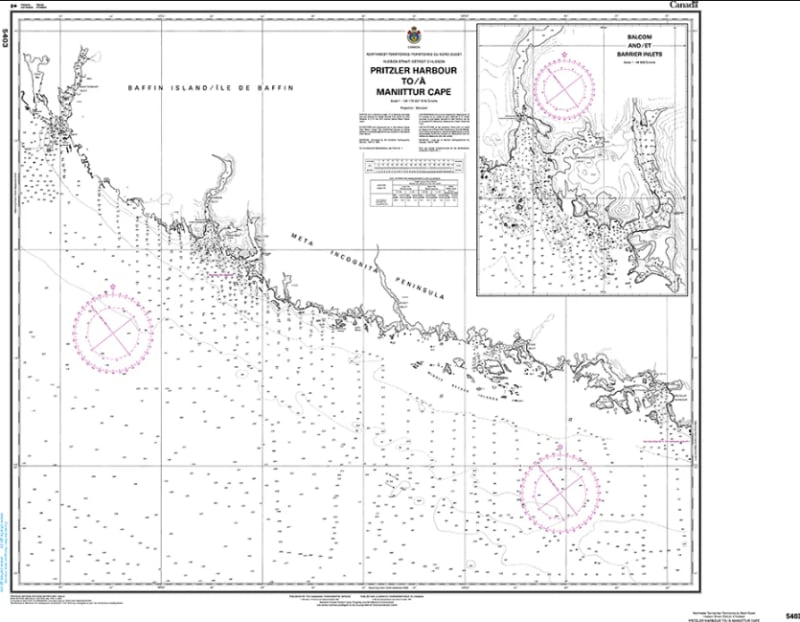 Official Canadian Hydrographic Service CHS Chart 5403 from Pritzler Harbour to Maniittur Cape featuring a 1:136,179 scale and bathymetric depth soundings. Official Canadian Hydrographic Service CHS Chart 5403 from Pritzler Harbour to Maniittur Cape featuring a 1:136,179 scale and bathymetric depth soundings.