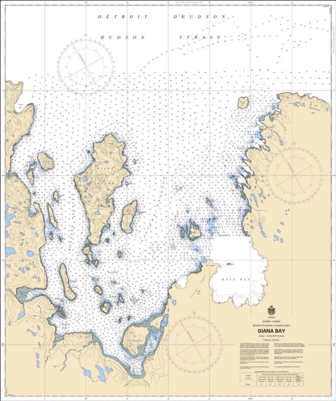 Official Canadian Hydrographic Service CHS Chart 5452 for Diana Bay featuring a 1:50,000 scale and coastal bathymetric depth soundings. Official Canadian Hydrographic Service CHS Chart 5452 for Diana Bay featuring a 1:50,000 scale and coastal bathymetric depth soundings.