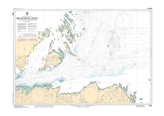 Official Canadian Hydrographic Service CHS Chart 5467 for Baie aux Feuilles Leaf Bay and Approaches featuring a 1:50,000 scale and coastal depth soundings. Official Canadian Hydrographic Service CHS Chart 5467 for Baie aux Feuilles Leaf Bay and Approaches featuring a 1:50,000 scale and coastal depth soundings.