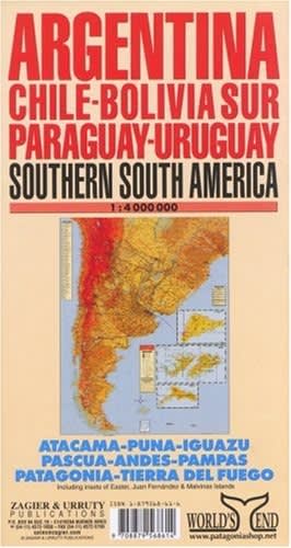 Explore Southern South America with this comprehensive Zagier &y Urruty road map (1:4,000,000). Covers all of Argentina, Chile, Bolivia, Paraguay, & Uruguay, featuring road distances, National Parks, and special detail maps for the Falklands (Malvinas) Is