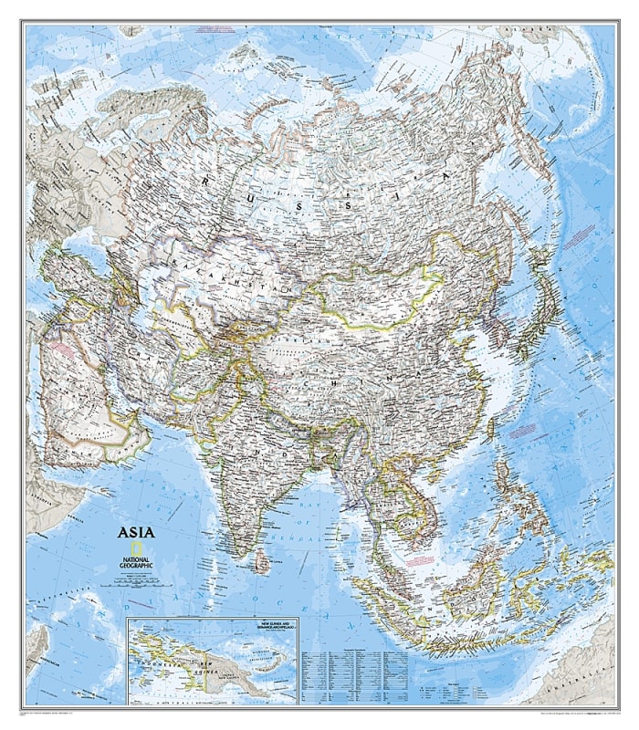 National Geographic large Asia Classic wall map featuring detailed country boundaries, cities, and ocean topography in executive style. National Geographic large Asia Classic wall map featuring detailed country boundaries, cities, and ocean topography in executive style.