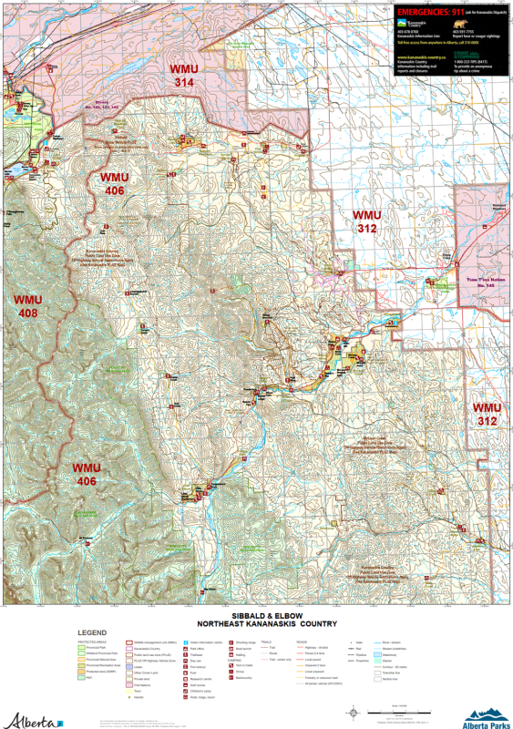 Sibbald & Elbow NE Kananaskis WMU Map. The maps shows the boundary for Kananaskis Country, the Public Land Use Zones, crown land, private or freehold land, park boundaries, wildlife corridors and sanctuaries, camping spots, trailheads, roads, atv trails,