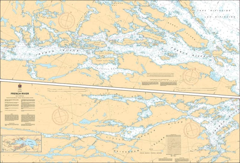 Official nautical chart 6036 showing detailed river channels, depth soundings, and navigation markers for the French River, Ontario. Official nautical chart 6036 showing detailed river channels, depth soundings, and navigation markers for the French River, Ontario.