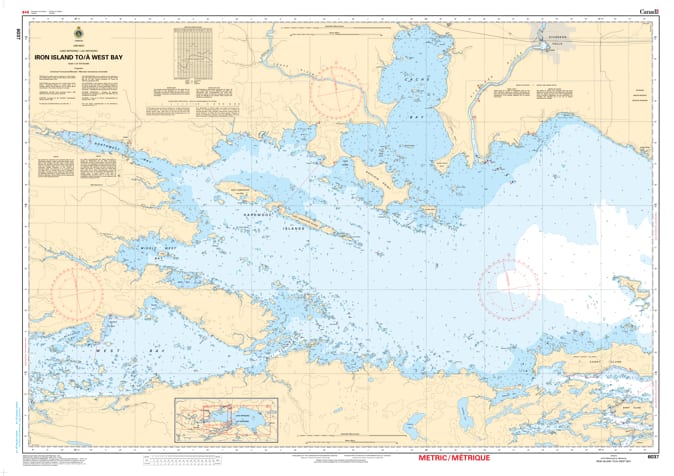 Official nautical chart 6037 showing depth soundings, navigation markers, and shoreline features for Lake Nipissing from Iron Island to West Bay.