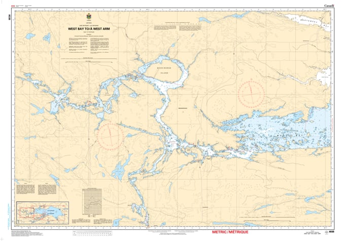 Official nautical chart 6038 showing detailed navigation channels, depth soundings, and island features for Lake Nipissing from West Bay to the West Arm. Official nautical chart 6038 showing detailed navigation channels, depth soundings, and island features for Lake Nipissing from West Bay to the West Arm.