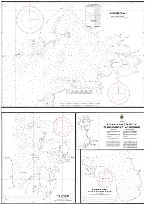 Official nautical chart 6050 showing detailed harbour plans, depth soundings, and navigation markers for specific locations in Lake Nipigon, Ontario. Official nautical chart 6050 showing detailed harbour plans, depth soundings, and navigation markers for specific locations in Lake Nipigon, Ontario.