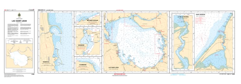 Official nautical chart 6100 featuring four detailed maps of Lac Saint-Jean, Quebec, including depth soundings and harbour plans for Roberval and Alma. Official nautical chart 6100 featuring four detailed maps of Lac Saint-Jean, Quebec, including depth soundings and harbour plans for Roberval and Alma.