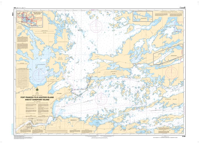 Official nautical chart 6108 showing depth soundings and navigation channels for Rainy Lake, from Fort Frances to Hostess Island and Sandpoint Island. Official nautical chart 6108 showing depth soundings and navigation channels for Rainy Lake, from Fort Frances to Hostess Island and Sandpoint Island.