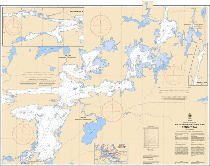 Official nautical chart 6110 showing detailed depth soundings, navigation markers, and island hazards for Redgut Bay on Rainy Lake, Ontario. Official nautical chart 6110 showing detailed depth soundings, navigation markers, and island hazards for Redgut Bay on Rainy Lake, Ontario.