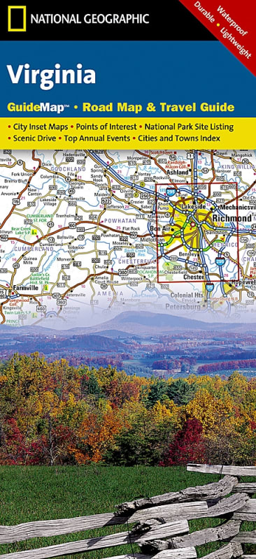 National Geographic Virginia State Guide Map showing the detailed highway road map side with city insets and the tourist guide flip side. National Geographic Virginia State Guide Map showing the detailed highway road map side with city insets and the tourist guide flip side.