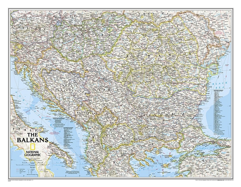 Balkans Political Wall Map - National Geographic. The map covers Albania, Austria, Bosnia and Herzegovina, Bulgaria, Croatia, Hungary, Kosovo, Macedonia, Moldova, Montenegro, Romania, Slovenia, as well as the outlying border countries of Greece, Italy, Sl