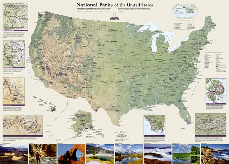 National Geographic USA National Parks Wall Map in a 30 by 42 inch size featuring detailed park locations, shaded mountain relief, and photo insets. National Geographic USA National Parks Wall Map in a 30 by 42 inch size featuring detailed park locations, shaded mountain relief, and photo insets.
