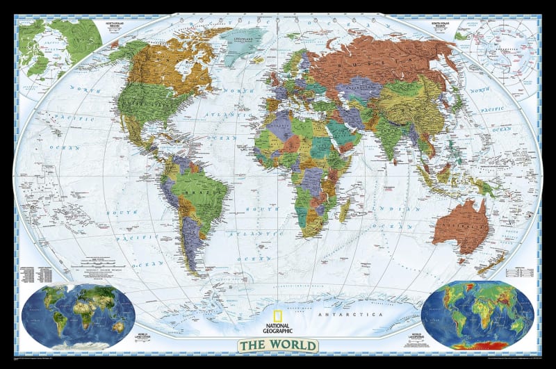 National Geographic World Decorator Wall Map XL featuring the Winkel Tripel projection and vibrant topographical details. National Geographic World Decorator Wall Map XL featuring the Winkel Tripel projection and vibrant topographical details.