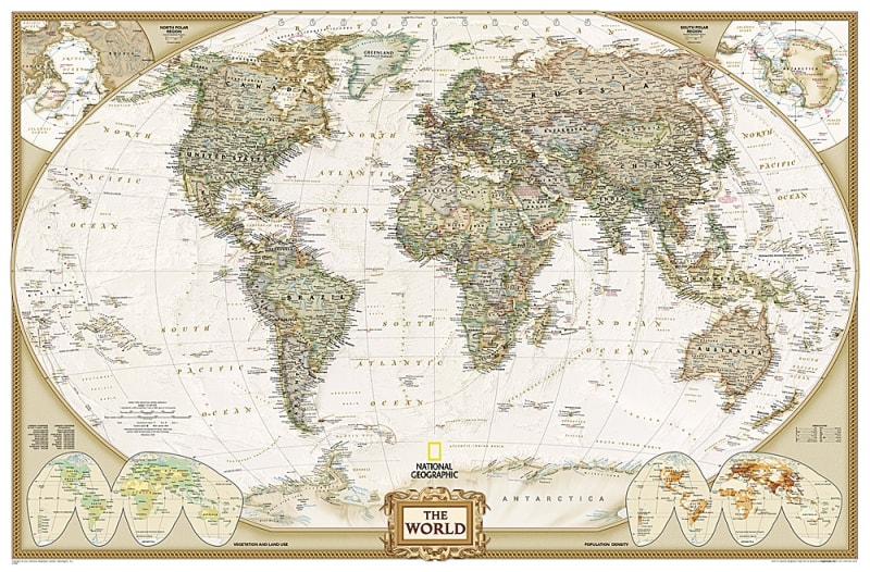 National Geographic World Executive Wall Map XL, antique style, featuring Winkel Tripel Projection, richly colored earth tones, and detailed bathymetry of the ocean floor. National Geographic World Executive Wall Map XL, antique style, featuring Winkel Tripel Projection, richly colored earth tones, and detailed bathymetry of the ocean floor.