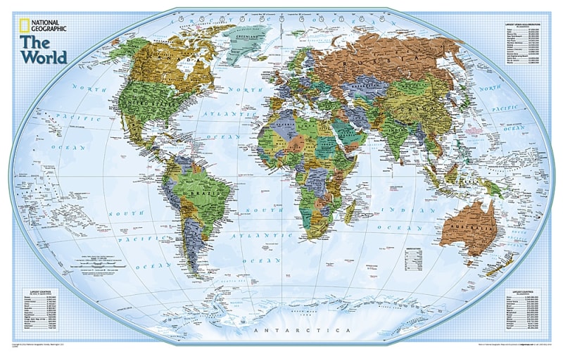 World Explorer Wall Map - National Geographic. The colorful World Explorer map is designed using the Winkel Tripel projection, which reduces the distortion of land masses near the poles. Inset charts list largest cities by population and the largest count