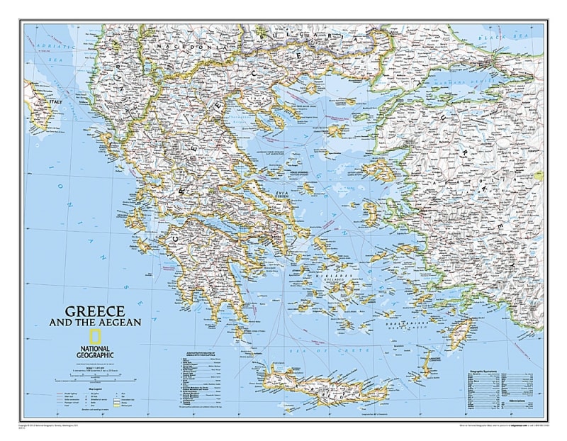 Greece & the Aegean Sea Wall Map. The classic National Geographic wall map of Greece shows this beautiful area in uncompromisingly accurate detail. The map includes political boundaries, cities and towns, bodies of water, major roadways, airports, and man