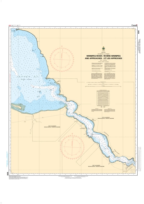 Official CHS 6243 nautical chart of Winnipeg River and Approaches showing 1:19,300 scale depths, navigational aids, and hazards. Official CHS 6243 nautical chart of Winnipeg River and Approaches showing 1:19,300 scale depths, navigational aids, and hazards.