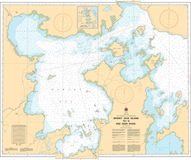 Official CHS 6274 nautical chart for Whiskey Jack Island to Red Deer River featuring water depths, navigational aids, and shoreline details.