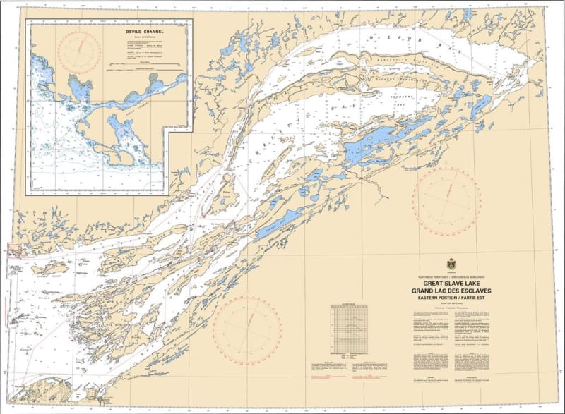 Official Canadian Hydrographic Service CHS Chart 6341 for the Eastern Portion of Great Slave Lake featuring bathymetric depth soundings and coastal shoreline details of the Northwest Territories. Official Canadian Hydrographic Service CHS Chart 6341 for the Eastern Portion of Great Slave Lake featuring bathymetric depth soundings and coastal shoreline details of the Northwest Territories.