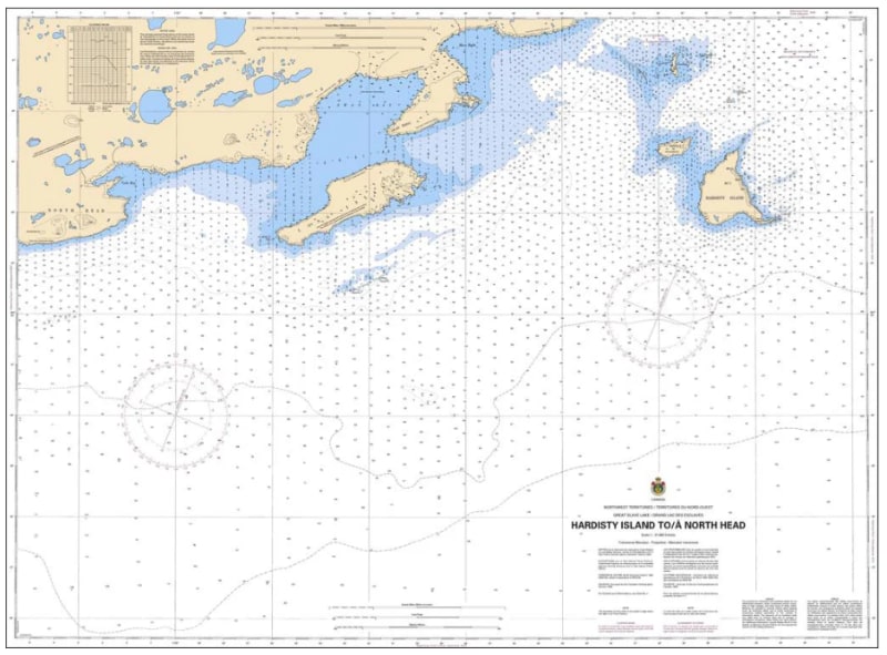 Official Canadian Hydrographic Service CHS Chart 6356 for Hardisty Island to North Head on Great Slave Lake featuring bathymetric depth soundings. Official Canadian Hydrographic Service CHS Chart 6356 for Hardisty Island to North Head on Great Slave Lake featuring bathymetric depth soundings.