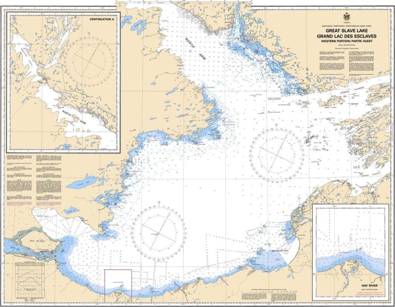 Official Canadian Hydrographic Service CHS Chart 6370 for the Western Portion of Great Slave Lake featuring wide-area bathymetric soundings, shipping channels, and coastal navigation details. Official Canadian Hydrographic Service CHS Chart 6370 for the Western Portion of Great Slave Lake featuring wide-area bathymetric soundings, shipping channels, and coastal navigation details.