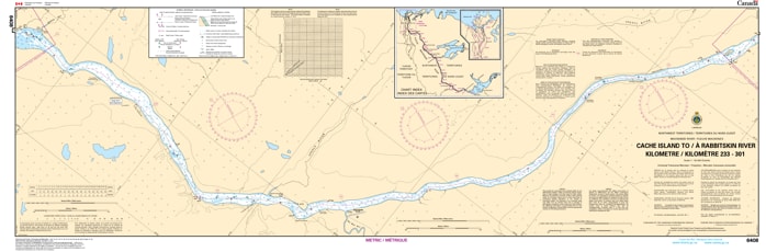 Official nautical chart 6408 showing river navigation channels, depth soundings, and landmarks from Cache Island to Rabbitskin River on the Mackenzie River. Official nautical chart 6408 showing river navigation channels, depth soundings, and landmarks from Cache Island to Rabbitskin River on the Mackenzie River.