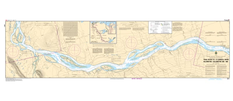6411 Trail River to Camsell Bend Nautical Chart - An official Canadian river navigation map featuring depth soundings and channel markers for the Mackenzie River in the Northwest Territories. 6411 Trail River to Camsell Bend Nautical Chart - An official Canadian river navigation map featuring depth soundings and channel markers for the Mackenzie River in the Northwest Territories.