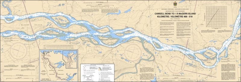Official Canadian Hydrographic Service CHS Chart 6412 for Camsell Bend to McGern Island on the Mackenzie River featuring detailed river bathymetry, navigation channels, and shoreline details. Official Canadian Hydrographic Service CHS Chart 6412 for Camsell Bend to McGern Island on the Mackenzie River featuring detailed river bathymetry, navigation channels, and shoreline details.